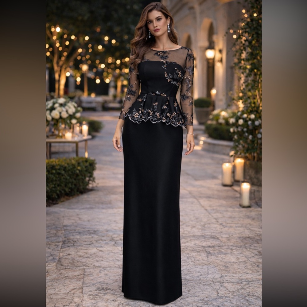 Brand new Monique Lhuillier 3/4 sleeves lace and silk shantung MOB long gown
